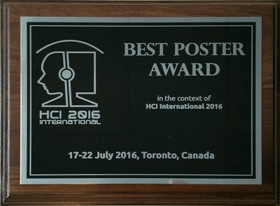 Best Poster Extended Abstract Award, HCI International 2016, 17 - 22 July 2016, Toronto, Canada. Details in text following the image.