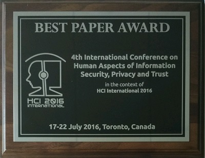Human Aspects of Information Security, Privacy and Trust Best Paper Award. Details in text following the image.