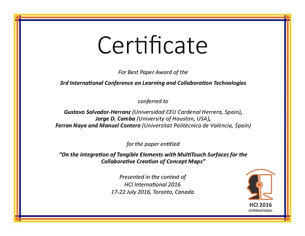 Certificate for best paper award of the 3rd International Conference on Learning and Collaboration Technologies. Details in text following the image
