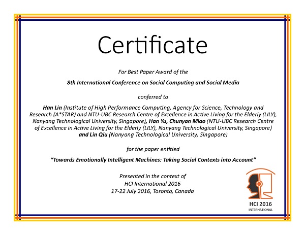 Certificate for best paper award of the 8th International Conference on Social Computing and Social Media. Details in text following the image