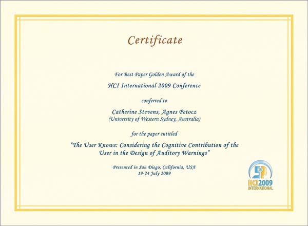 HCI International 2009 Best Paper Certificate. Details in text following the image.
