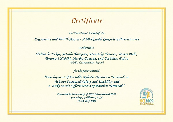 Certificate for best paper award of the Ergonomics and Health Aspects of Work with Computers thematic area. Details in text following the image