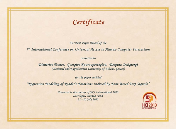 Certificate for best paper award of the 7th International Conference on Universal Access in Human-Computer Interaction. Details in text following the image