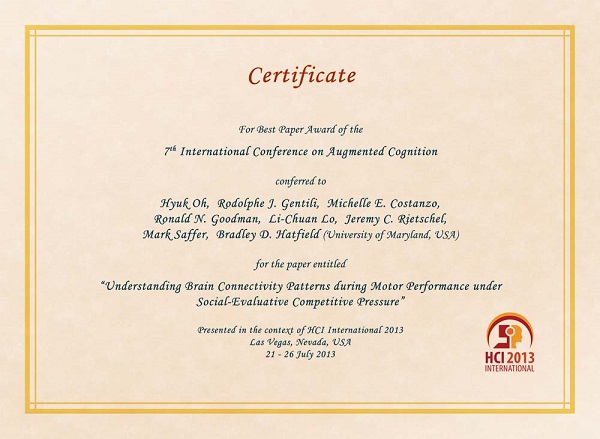 Certificate for best paper award of the 7th International Conference on Augmented Cognition. Details in text following the image