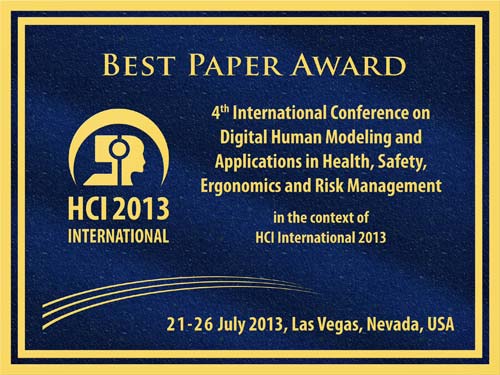 Digital Human Modeling and applications in Health, Safety, Ergonomics and Risk Management Best Paper Award. Details in text following the image.