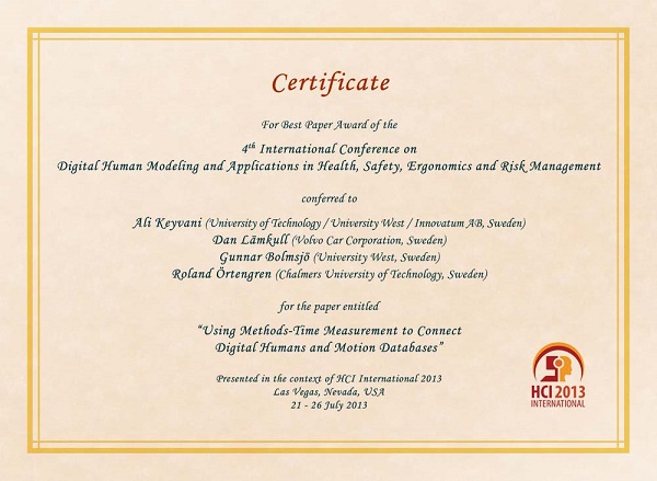 Certificate for best paper award of the 4th International Conference on Digital Human Modeling and applications in Health, Safety, Ergonomics and Risk Management. Details in text following the image