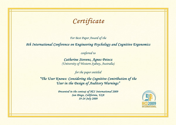 Certificate for best paper award of the 8th International Conference on Engineering Psychology and Cognitive Ergonomics. Details in text following the image