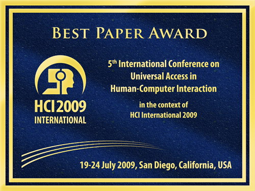 5th International Conference on Universal Access in Human-Computer Interaction Best Paper Award. Details in text following the image.
