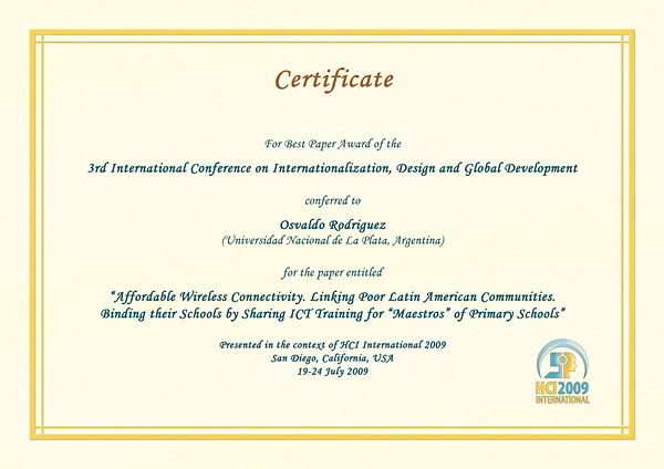 Certificate for best paper award of the 3rd International Conference on Internationalization, Design and Global Development. Details in text following the image