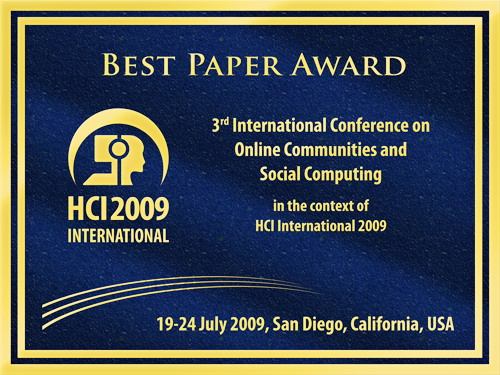 3rd International Conference on Online Communities and Social Computing Best Paper Award. Details in text following the image.